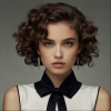 Image is a high-fashion portrait featuring a woman with voluminous, curly brown hair styled dramatically.