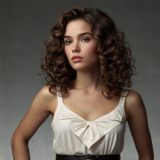Image is a high-fashion portrait featuring a woman with voluminous, curly brown hair styled dramatically.