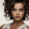 Image is a high-fashion portrait featuring a woman with voluminous, curly brown hair styled dramatically