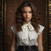 Image is a high-fashion portrait featuring a woman with voluminous, curly brown hair styled dramatically