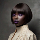 Image is a high-fashion portrait photograph featuring a person with dark skin and striking facial features