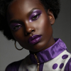 Image is a high-fashion portrait photograph featuring a person with dark skin and striking facial features