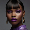 Image is a high-fashion portrait photograph featuring a person with dark skin and striking facial features