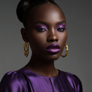 Image is a high-fashion portrait photograph featuring a person with dark skin and striking facial features