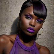 Image is a high-fashion portrait photograph featuring a person with dark skin and striking facial features