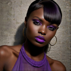 Image is a high-fashion portrait photograph featuring a person with dark skin and striking facial features