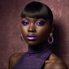 Image is a high-fashion portrait photograph featuring a person with dark skin and striking facial features