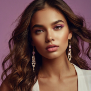 Image is a vibrant portrait photograph featuring a person with long, wavy brown hair and a warm skin tone