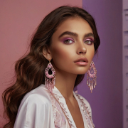 Image is a vibrant portrait photograph featuring a person with long, wavy brown hair and a warm skin tone